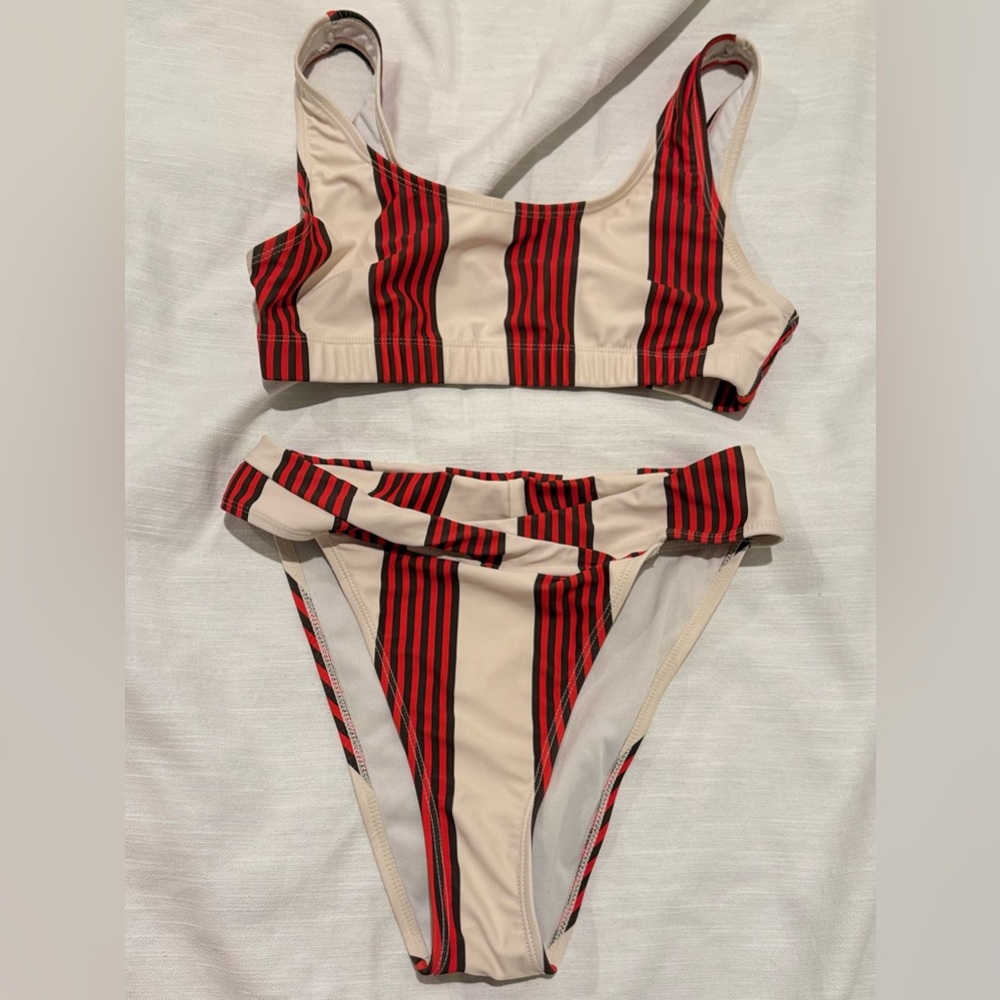 Nasty Gal Red and Cream Striped Bikini